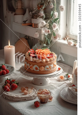 AI generated cake with pink cream and lace on a vintage tray 101939445