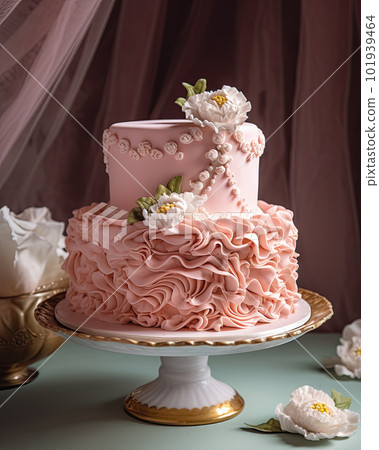 AI generated cake with pink cream and lace on a vintage tray AI generated cake with pink cream and lace on a vintage tray 101939464