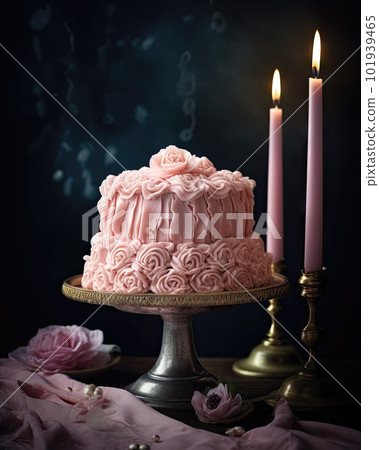 AI generated cake with pink cream and lace on a vintage tray 101939465