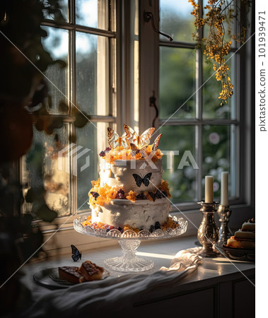 AI generated cake with pink cream and lace on a vintage tray AI generated cake with pink cream and lace on a vintage tray 101939471