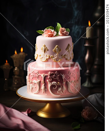 AI generated cake with pink cream and lace on a vintage tray 101939474