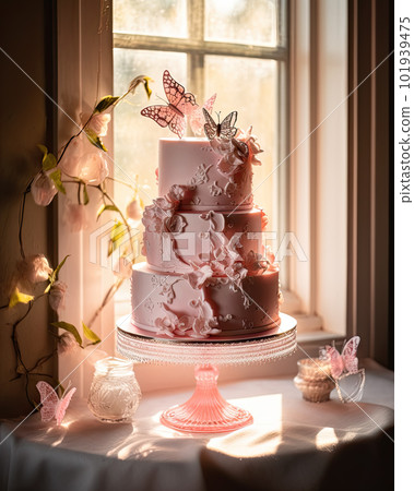 AI generated cake with pink cream and lace on a vintage tray AI generated cake with pink cream and lace on a vintage tray 101939475