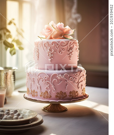 AI generated cake with pink cream and lace on a vintage tray 101939482