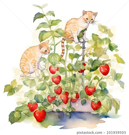 AI generated Watercolor Illustration of a Cute Red Cat and Strawberry Plant AI generated Watercolor Illustration of a Cute Red Cat and Strawberry Plant 101939503