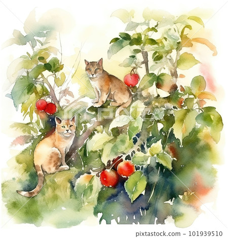 AI generated Watercolor Illustration of a Cute Red Cat and Strawberry Plant AI generated Watercolor Illustration of a Cute Red Cat and Strawberry Plant 101939510