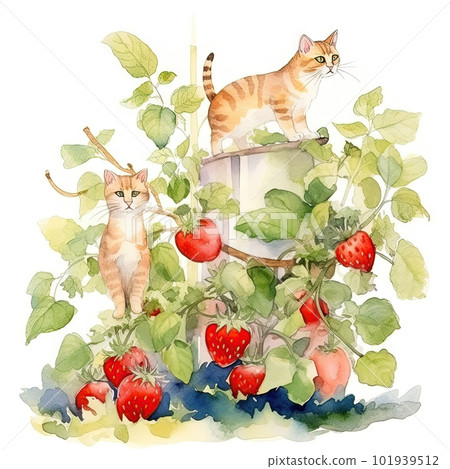 AI generated Watercolor Illustration of a Cute Red Cat and Strawberry Plant 101939512