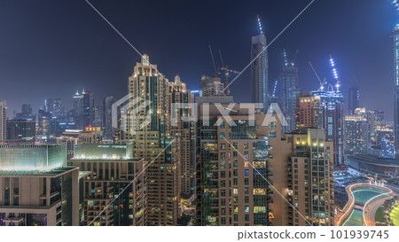 Panorama of downtown Dubai city aerial night timelapse 101939745