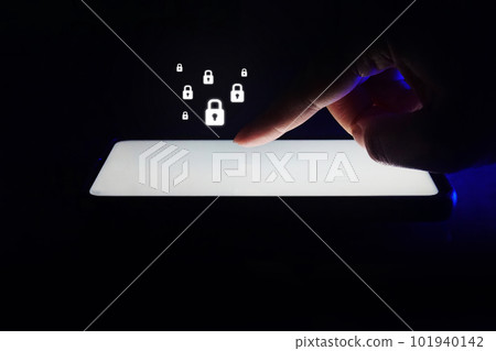 Mobile Phone and lock icon Isolated on dark background. 101940142