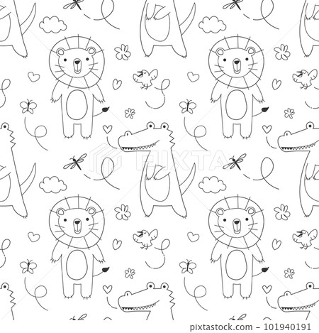 seamless pattern with African animals crocodile and lion in Scandinavian style doodle vector illustration. Cute vector illustration for baby kid textule, fabric, wallpaper design. Hand drawn seamless pattern with African animals crocodile and lion in Scandinavian style doodle vector illustration. Cute vector illustration for baby kid textule, fabric, wallpaper design. Hand drawn 101940191