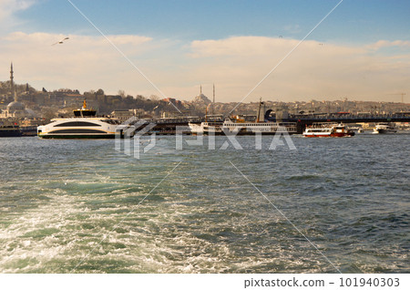 Galata Bridge and Eminonu ferry port, one of the most visited places in Istanbul, January 21, 2023 Eminonu Istanbul Turkey 101940303