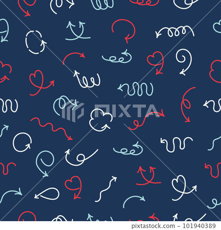 Hand drawn arrows filigree seamless pattern. Doodle vector illustration on blue background.  101940389