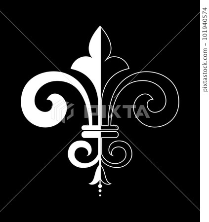 White royal lily on a black background. Heraldic sign, logo, design element, decoration. Graphic vector pattern White royal lily on a black background. Heraldic sign, logo, design element, decoration. Graphic vector pattern 101940574