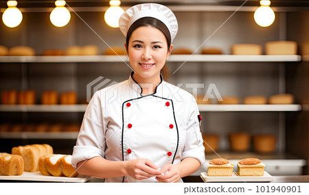 Smiling asian woman chef cook in apron and hat standing at the bakery or kitchen. Generative AI 101940901