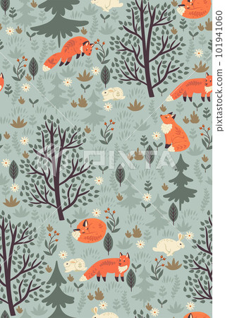 Forest seamless pattern with foxes and hares. Vector graphics. 101941060