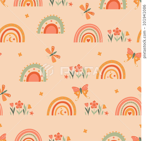 Seamless pattern in boho style with rainbows, flowers and butterflies. Vector graphics. 101941086