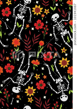 Seamless pattern with skeletons and flowers. Vector graphics. 101941087