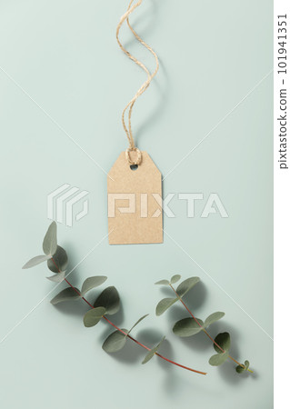 Blank price tags and eucalyptus on blue background Blank price tags and eucalyptus on blue background 101941351