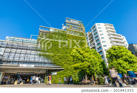 Tokyo cityscape in Japan Summer day. Overlooking Tokyu Railway Ookayama Station and the station building, which is attached to Tokyu Hospital 101941355