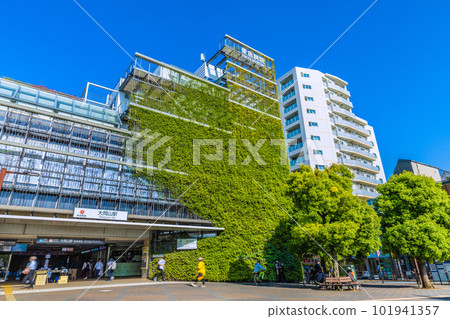 Tokyo cityscape in Japan Summer day. Overlooking Tokyu Railway Ookayama Station and the station building, which is attached to Tokyu Hospital 101941357