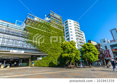 Tokyo cityscape in Japan Summer day. Overlooking Tokyu Railway Ookayama Station and the station building, which is attached to Tokyu Hospital 101941359