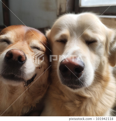 Two dogs closed their eyes and smile, dogs make funny faces, funny illustrations with animals Two dogs closed their eyes and smile, dogs make funny faces, funny illustrations with animals 101942118