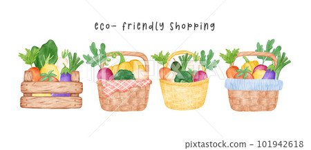 banner group of assorted vegetable watercolour in wooden vintage wicker basket, vector cartoon hand painted illustration isolated on white background. 101942618