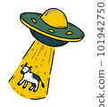 UFO flying saucer abducts cow, spaceship vector icon in doodle style 101942750
