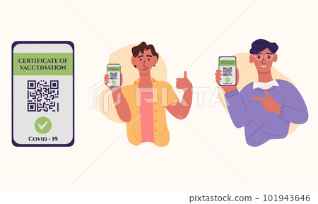 Certificate of vaccination vector flat cartoon illustration, with young two man. They showing smartphone with vaccine QR code in mobile app or screen. Covid-19 coronavirus vaccine certificate 101943646