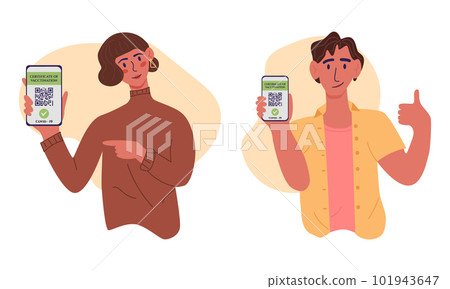Certificate of vaccination vector flat cartoon illustration, with young mans and womans. They showing smartphone with vaccine QR code in mobile app or screen. Covid-19 coronavirus vaccine certificate 101943647