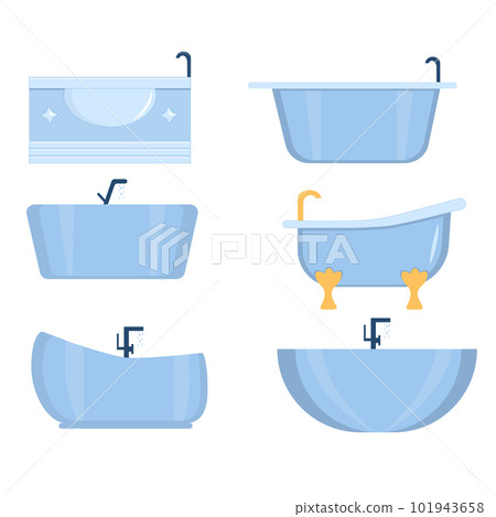 Bathtub set with foam bubbles inside. Bathroom interior. Flat illustration on blue background. Bathtub set with foam bubbles inside. Bathroom interior. Flat illustration on blue background. 101943658