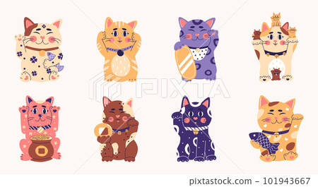 Set of different Japanese lucky cat maneki neko vector illustration.  Isolated on background. Cartoon flat vector illustration Stock Vector