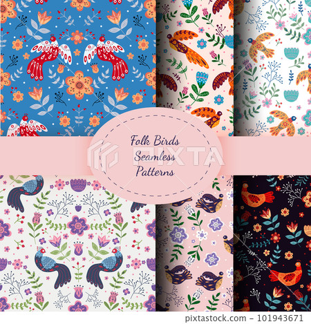 Vector seamless patterns set with various birds, flowers and leaves with different folk ornaments. Composition in scandinavan style. Ethnic flat illustration with nordic detailed in trendy colors 101943671