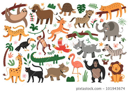 Jungle animals bungle, tropical leopard, felines, dancing giraffe and zebra, sleeping jaguar, set of vector illustrations, cute characters for children 101943674