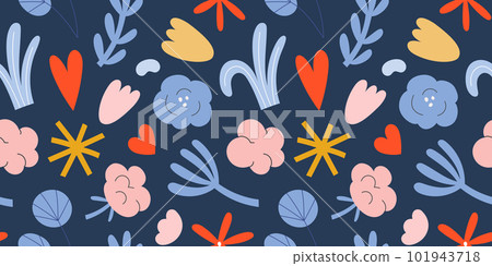 Abstract flower pattern with shapes, leaves, cotton plant elements on blue background, seamless pattern, simple ornament with doodle shapes Abstract flower pattern with shapes, leaves, cotton plant elements on blue background, seamless pattern, simple ornament with doodle shapes 101943718