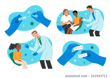 Covid collection, medical doctors performing prc-tests with cotton swab, holding syringe, giving vaccine injections against coronavirus, vector Covid collection, medical doctors performing prc-tests with cotton swab, holding syringe, giving vaccine injections against coronavirus, vector 101943721