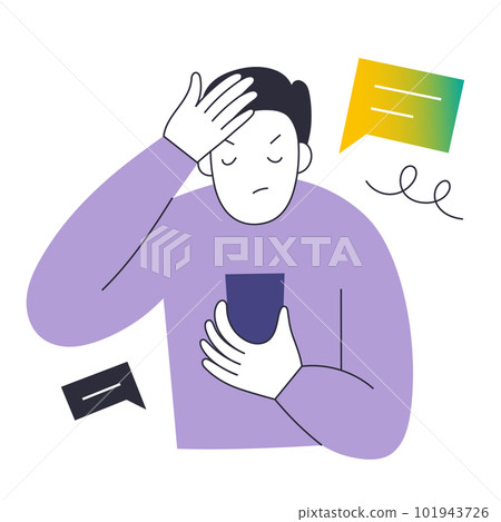 Young man reading news or social media post on his smartphone with angry expression, guy showing facepalm gesture, vector illustration Young man reading news or social media post on his smartphone with angry expression, guy showing facepalm gesture, vector illustration 101943726