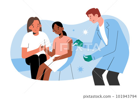 Child recieving a vaccine shot against covid infection, friendly medical worker holding a syringe with vaccine for coronavirus giving injection Child recieving a vaccine shot against covid infection, friendly medical worker holding a syringe with vaccine for coronavirus giving injection 101943794