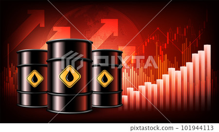 Oil price rising concept Oil barrels on a growth chart background. Investment market and trade arrows up, vector illustration Oil price rising concept Oil barrels on a growth chart background. Investment market and trade arrows up, vector illustration 101944113