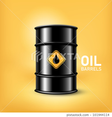A realistic black metal oil barrel isolated and text on yellow background, vector illustration 101944114