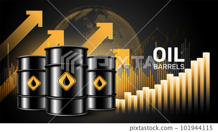 Oil price rising concept Oil barrels on a growth chart background. Investment market and trade arrows up, vector illustration Oil price rising concept Oil barrels on a growth chart background. Investment market and trade arrows up, vector illustration 101944115