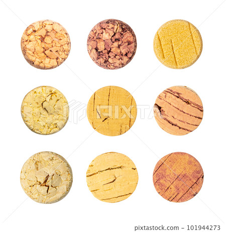 Used Wine Corks Isolated, Naturel Cork Stopper, Eco Cork Cap on White Background Used Wine Corks Isolated, Naturel Cork Stopper, Eco Cork Cap on White Background 101944273