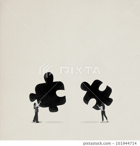 Contemporary art collage with two women, girls holding puzzles and going to connect it together over light background. Monochrome. Partnership 101944714