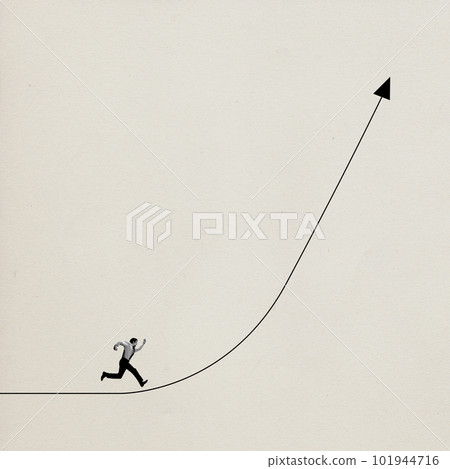 Contemporary art collage with one man, businessman running with all his might on arrow which going up over light background. Monochrome 101944716