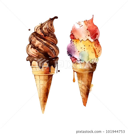 Chocolate ice cream waffle cone, Watercolor drawing, isolated on white. Vector. 101944753