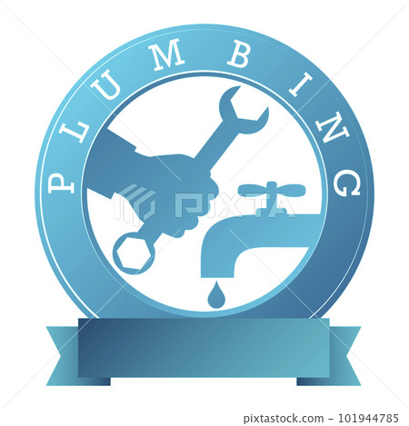 Wrench in hand and faucet. Plumbing repair and service symbol in a circle Wrench in hand and faucet. Plumbing repair and service symbol in a circle 101944785