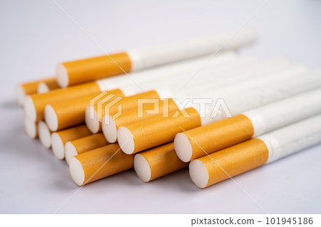Cigarette, tobacco in roll paper with filter tube, No smoking concept. Cigarette, tobacco in roll paper with filter tube, No smoking concept. 101945186