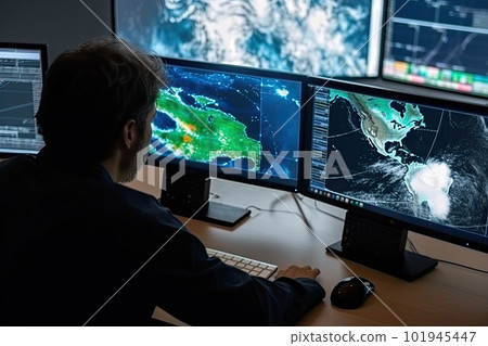 Meteorologist monitoring weather forecast at monitor screen. Generative AI 101945447