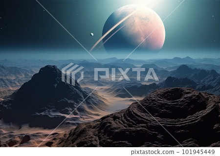 Surface of unknown planet with craters and mountains. Generative AI 101945449