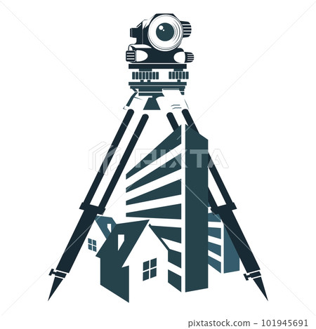 Construction geodetic optical instrument and buildings silhouette Construction geodetic optical instrument and buildings silhouette 101945691