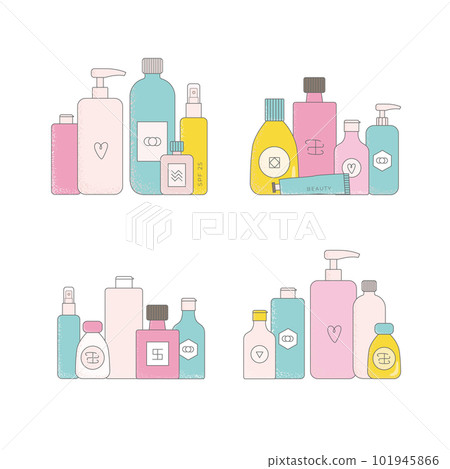 Bright cartoon cosmetic bottles sets. Color body cream tube, cleanser, oil, lotion vector illustrations for web, catalog. 101945866